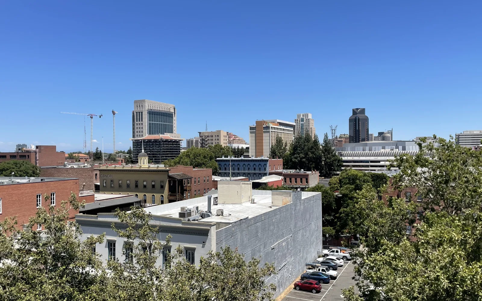 Downtown district with businesses and buildings